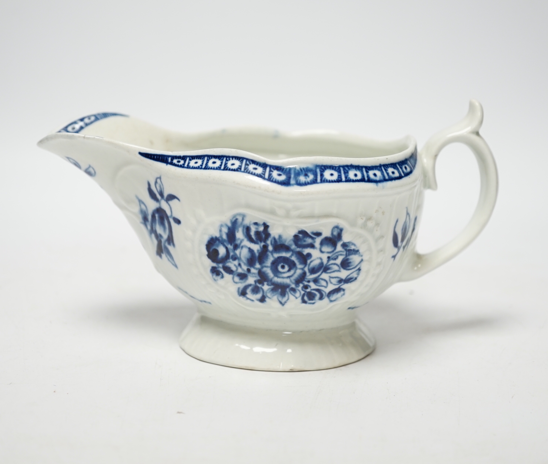 A Worcester blue and white sauceboat, circa 1770, 17cm long